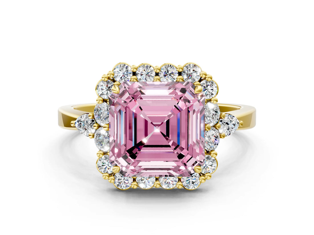 Yellow gold Fancy Pink Asscher Cut Diamond Halo Ring with Pear Side Stones and Prong Setting_34