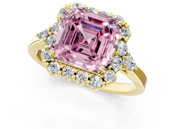 Yellow Gold Asscher Cut Halo Engagement Ring Setting for Fancy Pink Center with Pear Accents