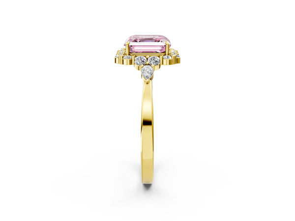 Yellow Gold Asscher Cut Halo Engagement Ring Setting for Fancy Pink Center with Pear Accents
