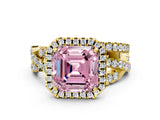 Yellow gold Fancy Pink Asscher Cut Diamond Halo Ring with Round Split Shank and Prong Setting_48