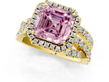 Yellow gold Fancy Pink Asscher Cut Diamond Halo Ring with Round Split Shank and Prong Setting_49