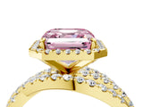 Yellow gold Fancy Pink Asscher Cut Diamond Halo Ring with Round Split Shank and Prong Setting_58