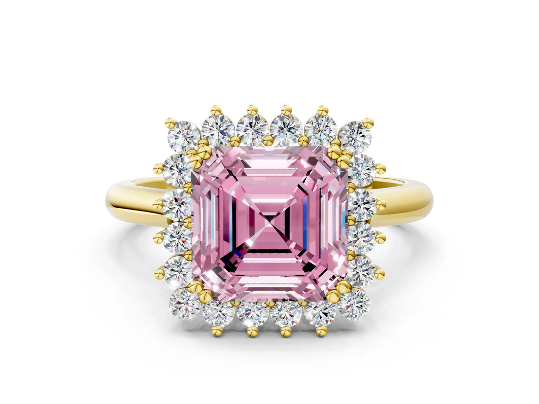Yellow gold Fancy Pink Asscher  Cut Diamond Halo Ring with Solitaire Band and Prong Setting_46