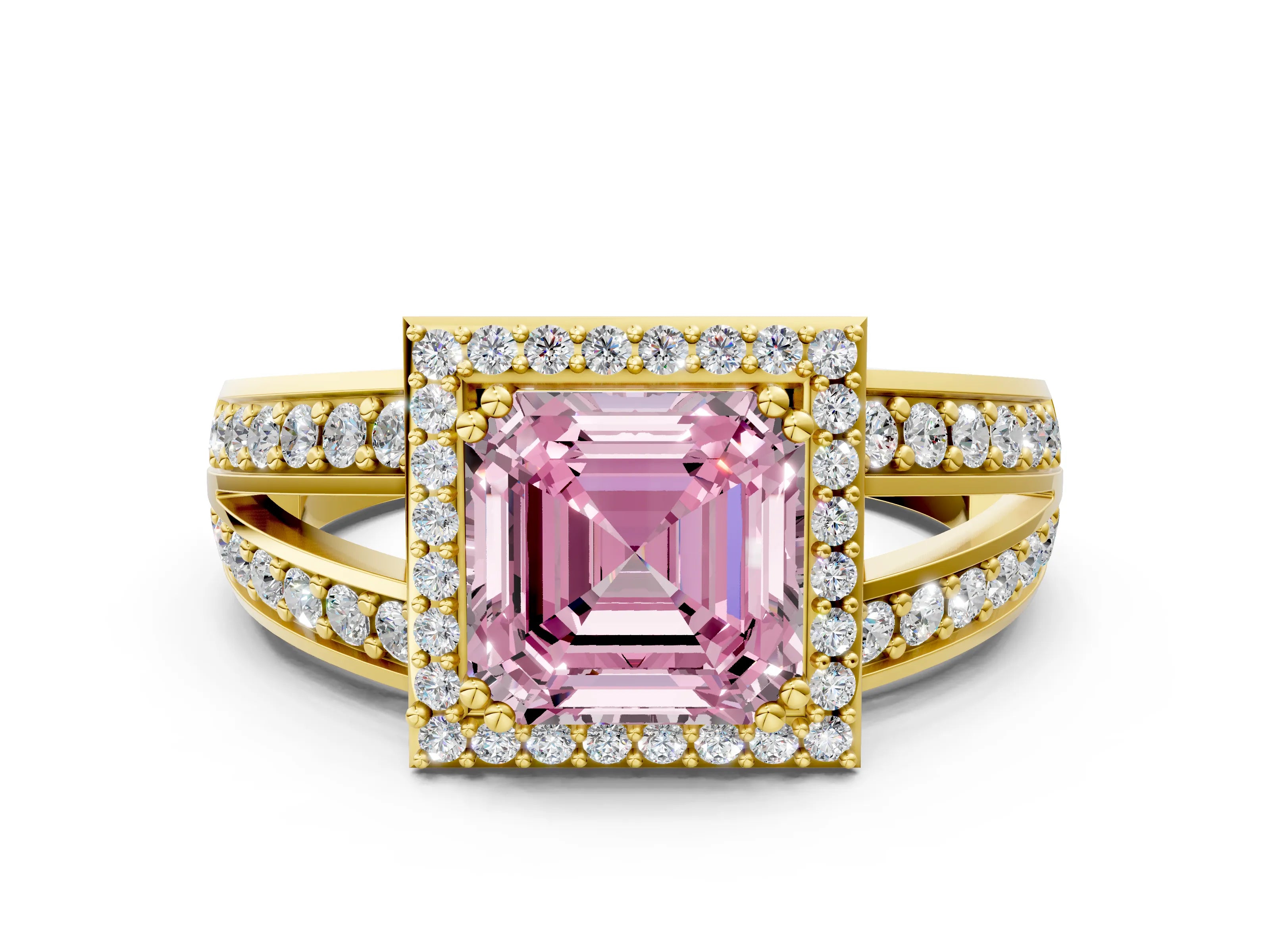 Yellow gold Fancy Pink Asscher Cut Diamond Halo Ring with Split Shank Pavé Band and Four-Prong Setting