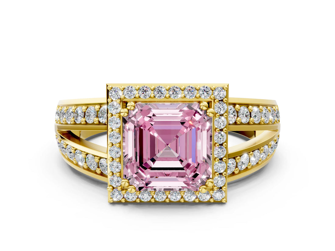 Yellow gold Fancy Pink Asscher Cut Diamond Halo Ring with Split Shank Pavé Band and Four-Prong Setting