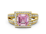 Yellow gold Fancy Pink Asscher Cut Diamond Halo Ring with Split Shank Pavé Band and Four-Prong Setting