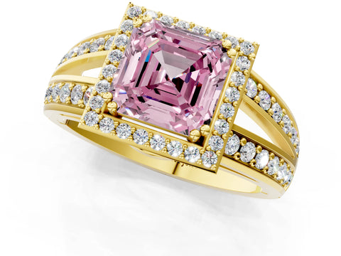 Yellow gold Fancy Pink Asscher Cut Diamond Halo Ring with Split Shank Pavé Band and Four-Prong Setting_1