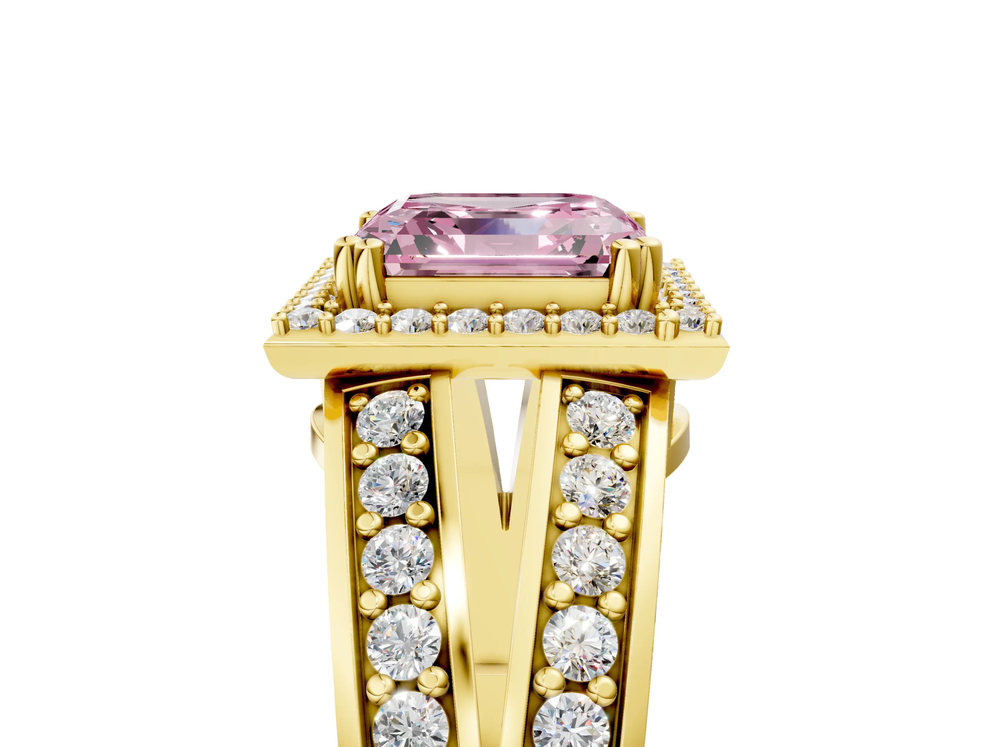 Yellow gold Fancy Pink Asscher Cut Diamond Halo Ring with Split Shank Pavé Band and Four-Prong Setting_5