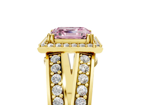 Yellow gold Fancy Pink Asscher Cut Diamond Halo Ring with Split Shank Pavé Band and Four-Prong Setting_5