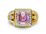 Yellow gold Fancy Pink Asscher Cut Diamond Halo Ring with Split Shank and Bezel Accents and Four-Prong Setting