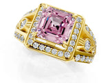 Yellow gold Fancy Pink Asscher Cut Diamond Halo Ring with Split Shank and Bezel Accents and Four-Prong Setting_1