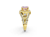 Yellow gold Fancy Pink Asscher Cut Diamond Halo Ring with Split Shank and Bezel Accents and Four-Prong Setting_2
