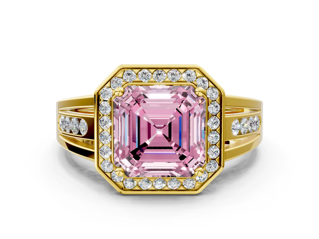 Yellow gold Fancy Pink Asscher Cut Diamond Halo Ring with Split Shank and Bezel Accents and Prong Setting