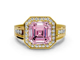Yellow gold Fancy Pink Asscher Cut Diamond Halo Ring with Split Shank and Bezel Accents and Prong Setting