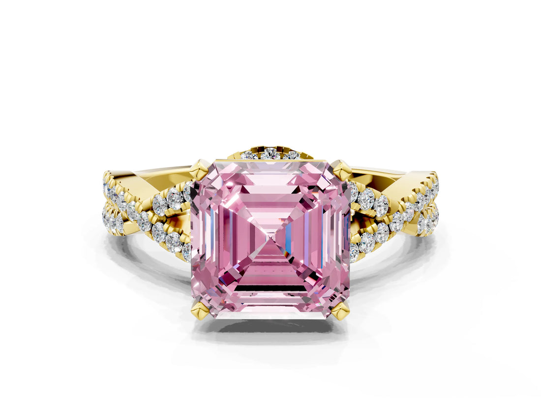 Yellow gold Fancy Pink Asscher Cut Diamond  Halo Twist Band Solitaire Prong Setting Ring_42
