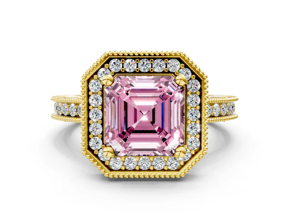 Yellow gold Fancy Pink Asscher Cut Diamond Milgrain Halo Engagement Ring with Round Pavé Band and Prong Setting_12
