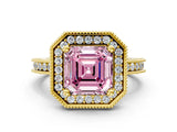 Yellow gold Fancy Pink Asscher Cut Diamond Milgrain Halo Engagement Ring with Round Pavé Band and Prong Setting_12