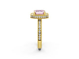 Yellow gold Fancy Pink Asscher Cut Diamond Milgrain Halo Engagement Ring with Round Pavé Band and Prong Setting_14