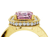 Yellow gold Fancy Pink Asscher Cut Diamond Milgrain Halo Engagement Ring with Round Pavé Band and Prong Setting_16