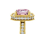 Yellow gold Fancy Pink Asscher Cut Diamond Milgrain Halo Engagement Ring with Round Pavé Band and Prong Setting_17