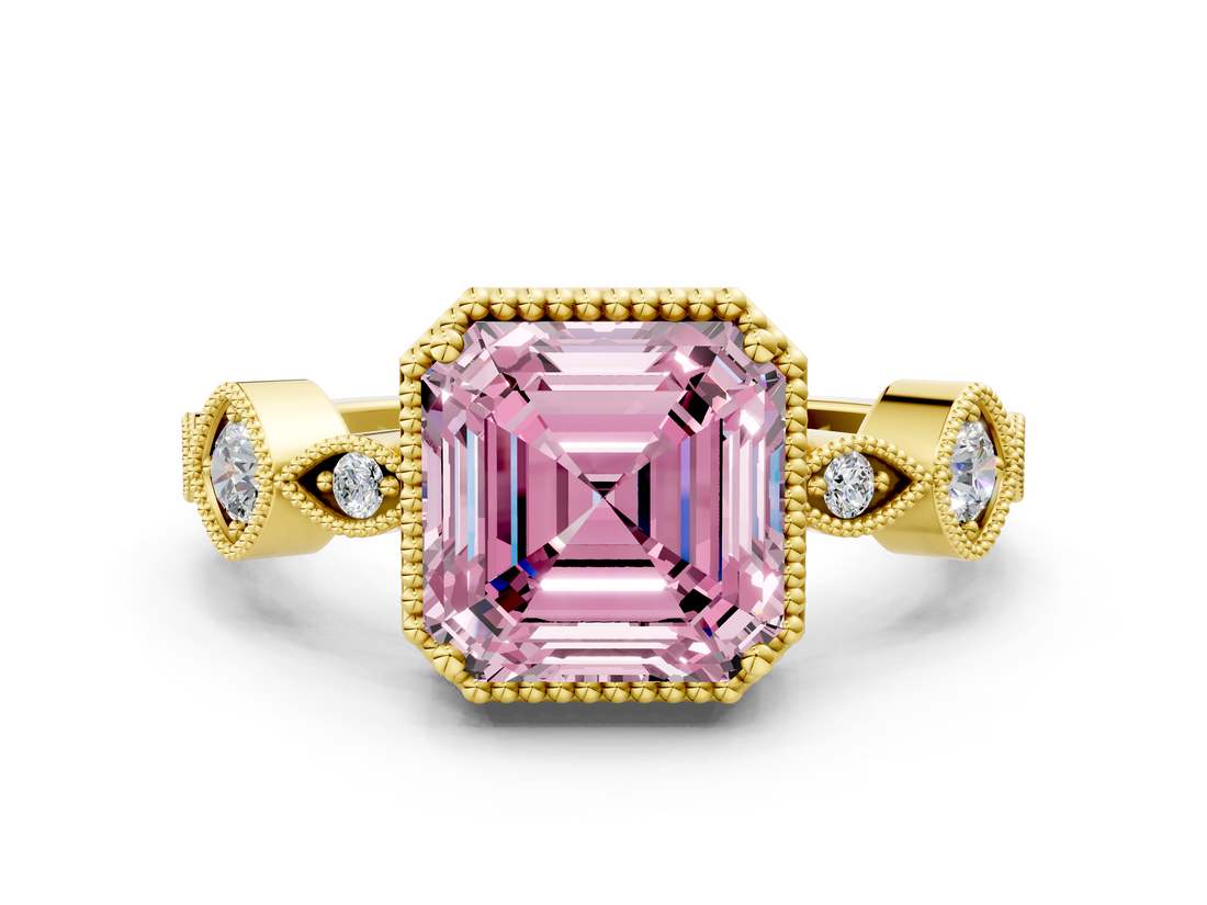 Yellow gold Fancy Pink Asscher  Cut Diamond Milgrain Marquise Band with Prong Setting_3