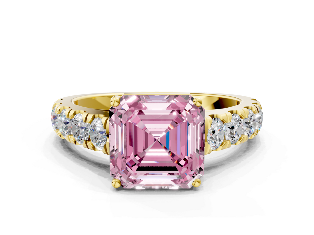 Yellow gold Fancy Pink Asscher  Cut Diamond Pavé Band Solitaire with Four-Prong Setting_3