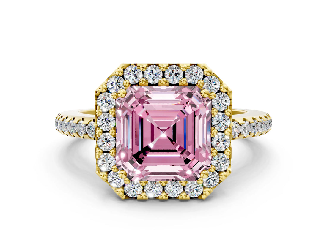 Yellow gold Fancy Pink Asscher Cut Diamond Pavé Halo Ring with Four-Prong Setting_35