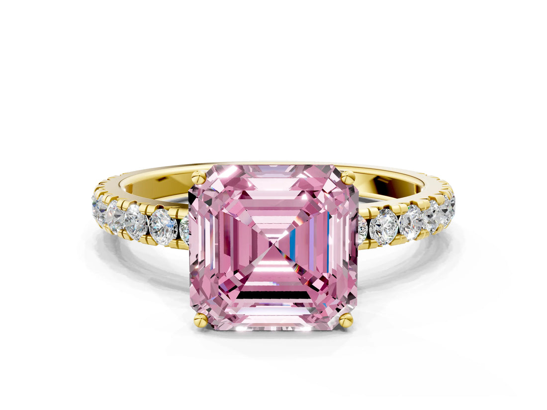 Yellow gold Fancy Pink Asscher Cut Diamond Pavé Solitaire Engagement Ring with Four-Prong Setting_32