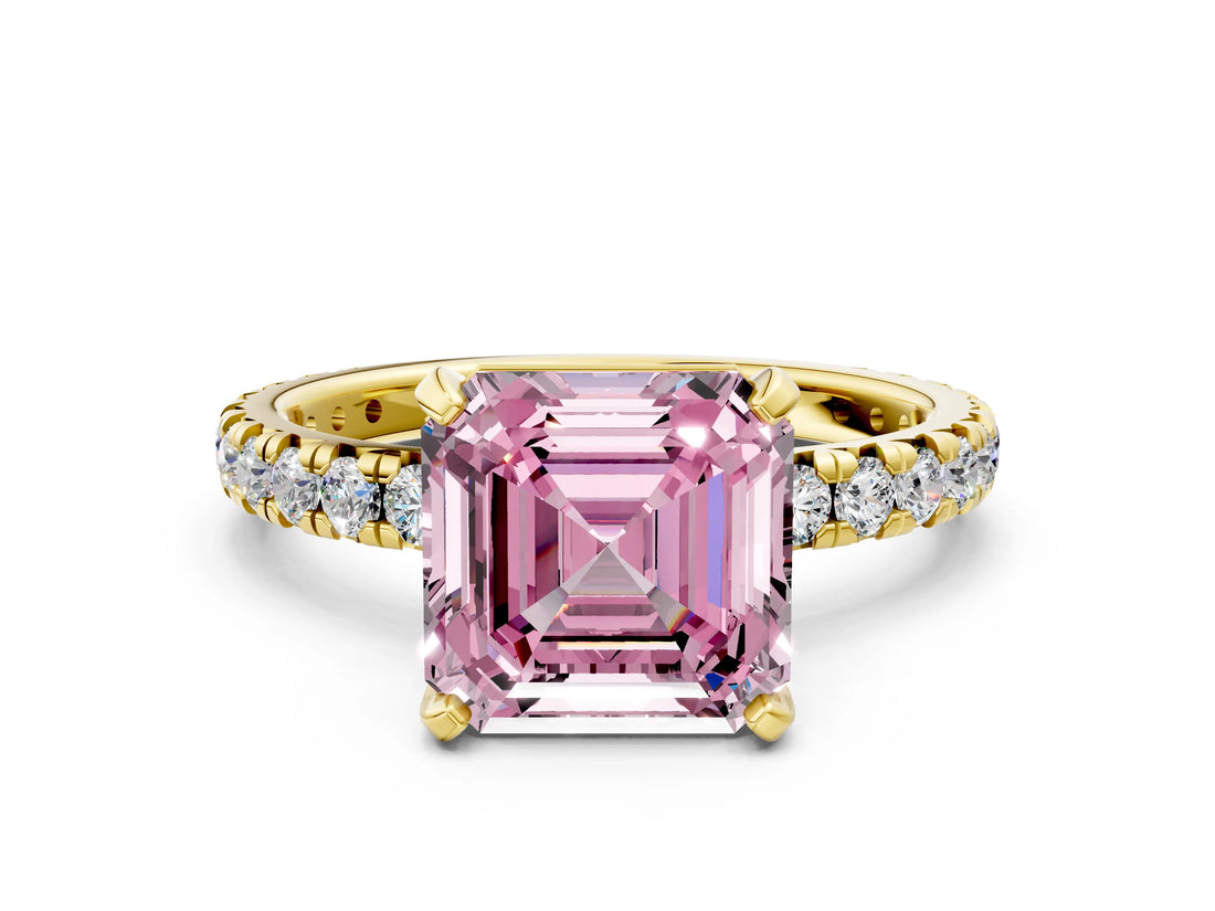 Yellow gold Fancy Pink Asscher Cut Diamond Pavé Solitaire Ring with Round Band and Prong Setting_12