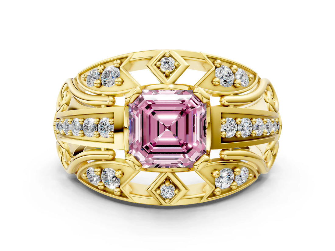 Yellow gold Fancy Pink Asscher Cut Diamond Pave Art Deco Split Shank Ring with Four-Prong Setting
