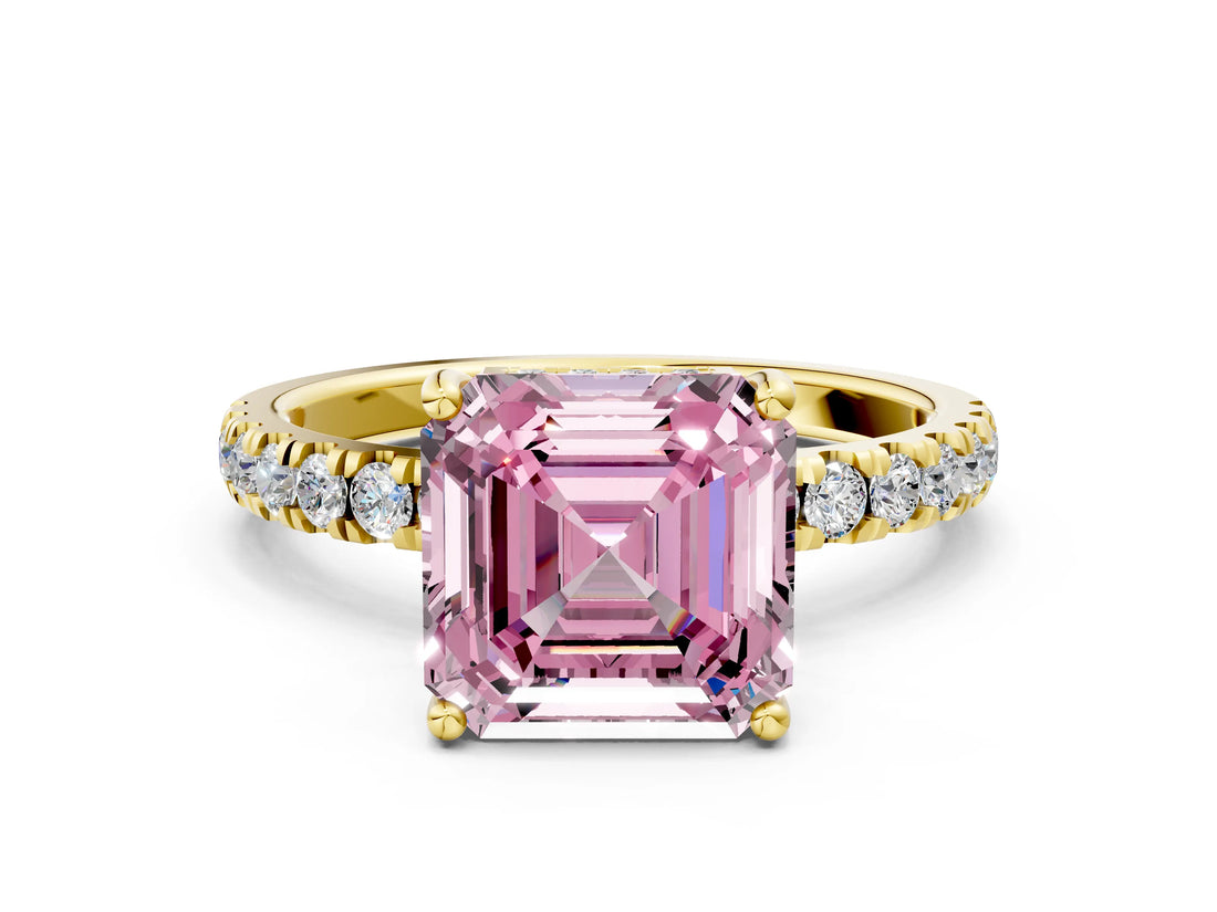Yellow gold Fancy Pink Asscher Cut Diamond Pave Band Solitaire Ring with Four-Prong Setting_18