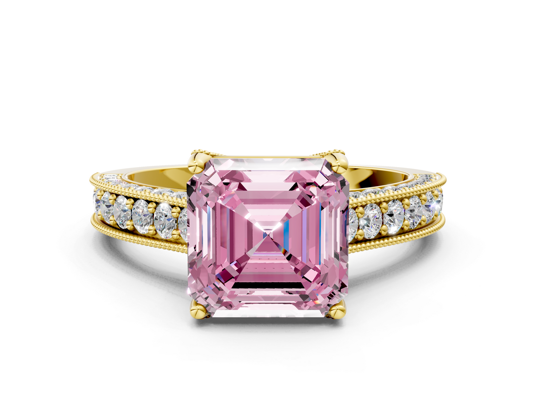 Yellow gold Fancy Pink Asscher  Cut Diamond Pave Band with Four-Prong Setting_16