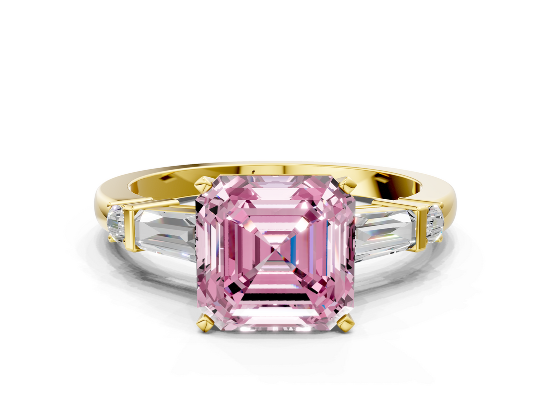 Yellow gold Fancy Pink Asscher  Cut Diamond Ring with Baguette Side Stones, Channel Set Band, and Four-Prong Setting_12