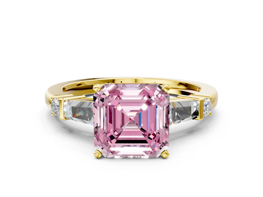 Yellow gold Fancy Pink Asscher  Cut Diamond Ring with Baguette Side Stones, Channel Set Band, and Four-Prong Setting_24