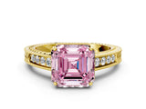 Yellow gold Fancy Pink Asscher Cut Diamond Ring with Milgrain Pavé Band and Four-Prong Setting_19
