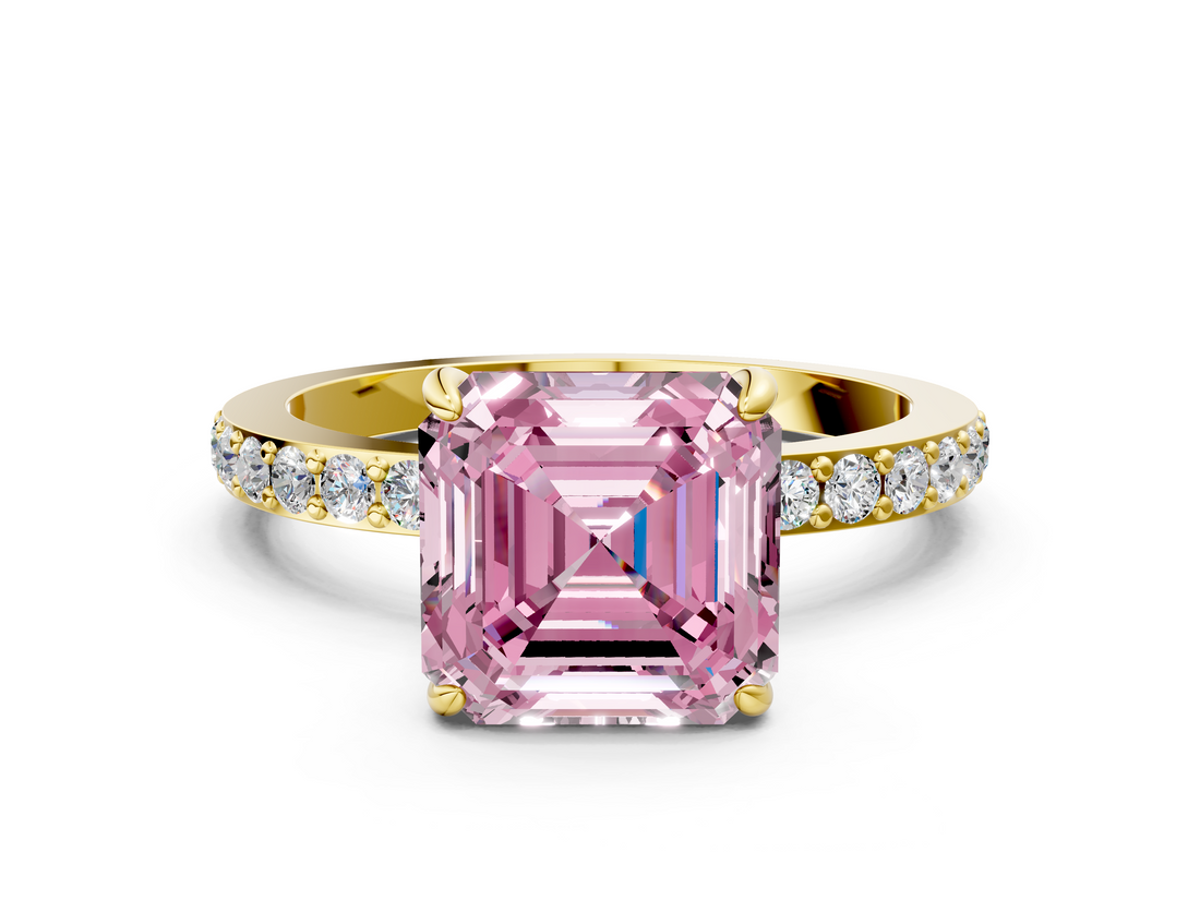 Yellow gold Fancy Pink Asscher  Cut Diamond Ring with Pavé Band and Four-Prong Setting_17