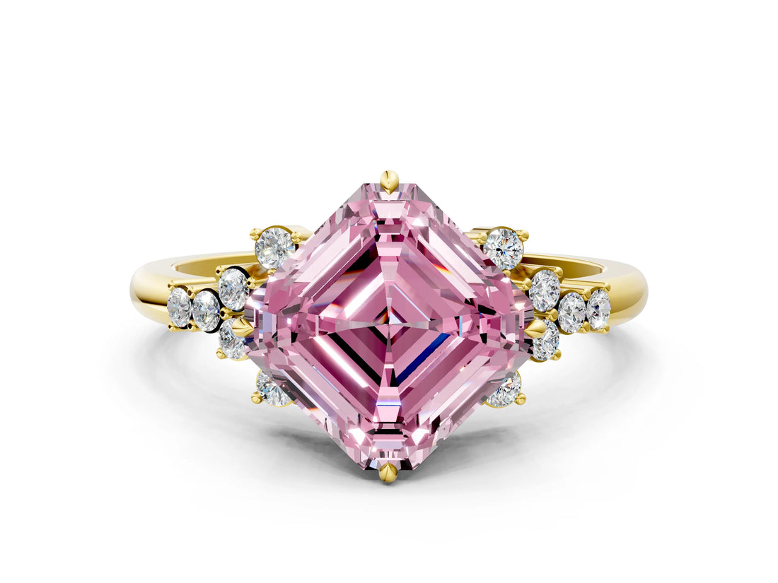 Yellow gold Fancy Pink Asscher Cut Diamond Ring with Side Stones and Four-Prong Setting_58