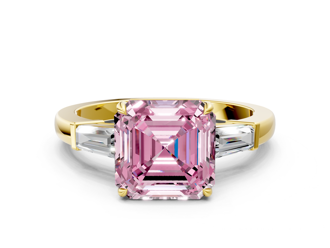 Yellow gold Fancy Pink Asscher  Cut Diamond Ring with Tapered Baguette Side Stones in Four-Prong Setting_5