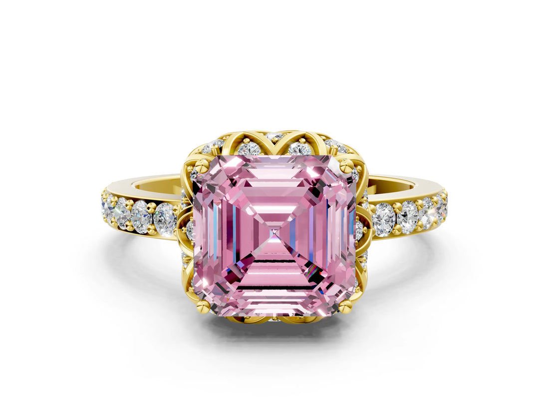 Yellow gold Fancy Pink Asscher Cut Diamond Scalloped Halo Engagement Ring with Round Shared Prong Band_12