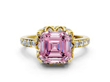Yellow gold Fancy Pink Asscher Cut Diamond Scalloped Halo Engagement Ring with Round Shared Prong Band_12