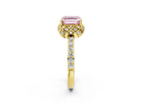 Yellow gold Fancy Pink Asscher Cut Diamond Scalloped Halo Engagement Ring with Round Shared Prong Band_14