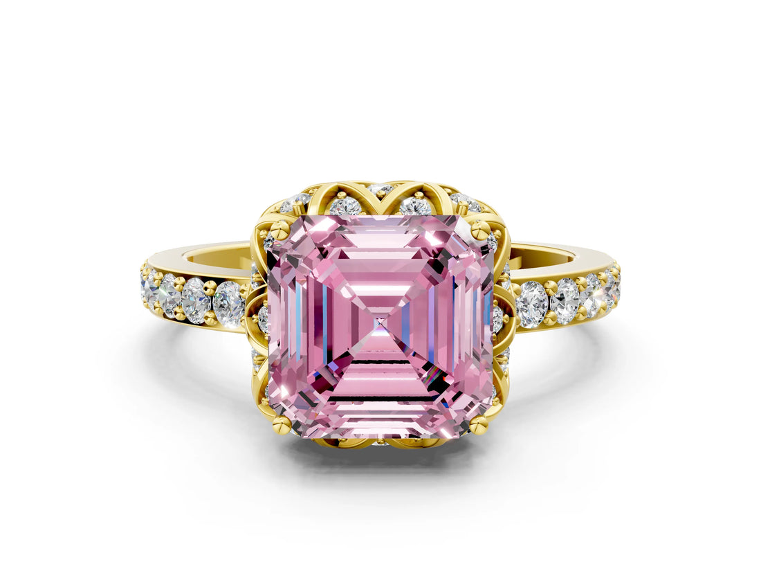 Yellow gold Fancy Pink Asscher Cut Diamond Scalloped Halo Engagement Ring with Round Shared Prong Band_24