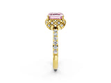 Yellow gold Fancy Pink Asscher Cut Diamond Scalloped Halo Engagement Ring with Round Shared Prong Band_26