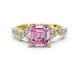 Yellow gold Fancy Pink Asscher Cut Diamond Scattered Round Accent Ring with Prong Setting_12