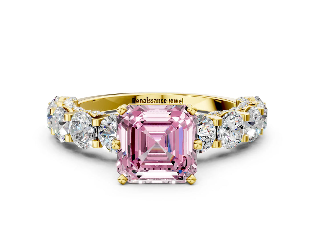 Yellow gold Fancy Pink Asscher Cut Diamond Side Stone Engagement Ring with Four-Prong Setting_24