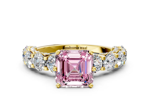 Yellow gold Fancy Pink Asscher Cut Diamond Side Stone Engagement Ring with Four-Prong Setting_24