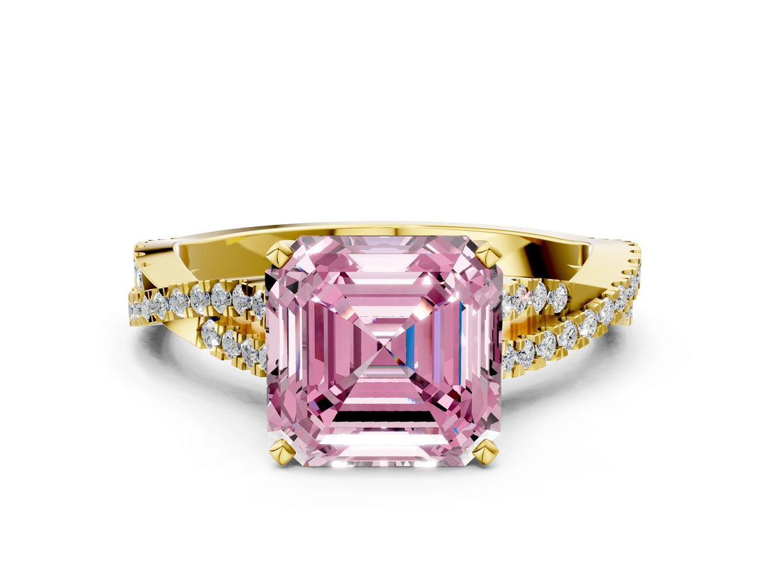 Yellow gold Fancy Pink Asscher Cut Diamond Solitaire Engagement Ring with Twisted Pavé Band and Four-Prong Setting_49