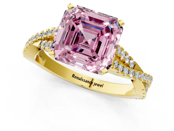 Yellow Gold Asscher Cut Twisted Pave Engagement Ring Setting for Fancy Pink Center
