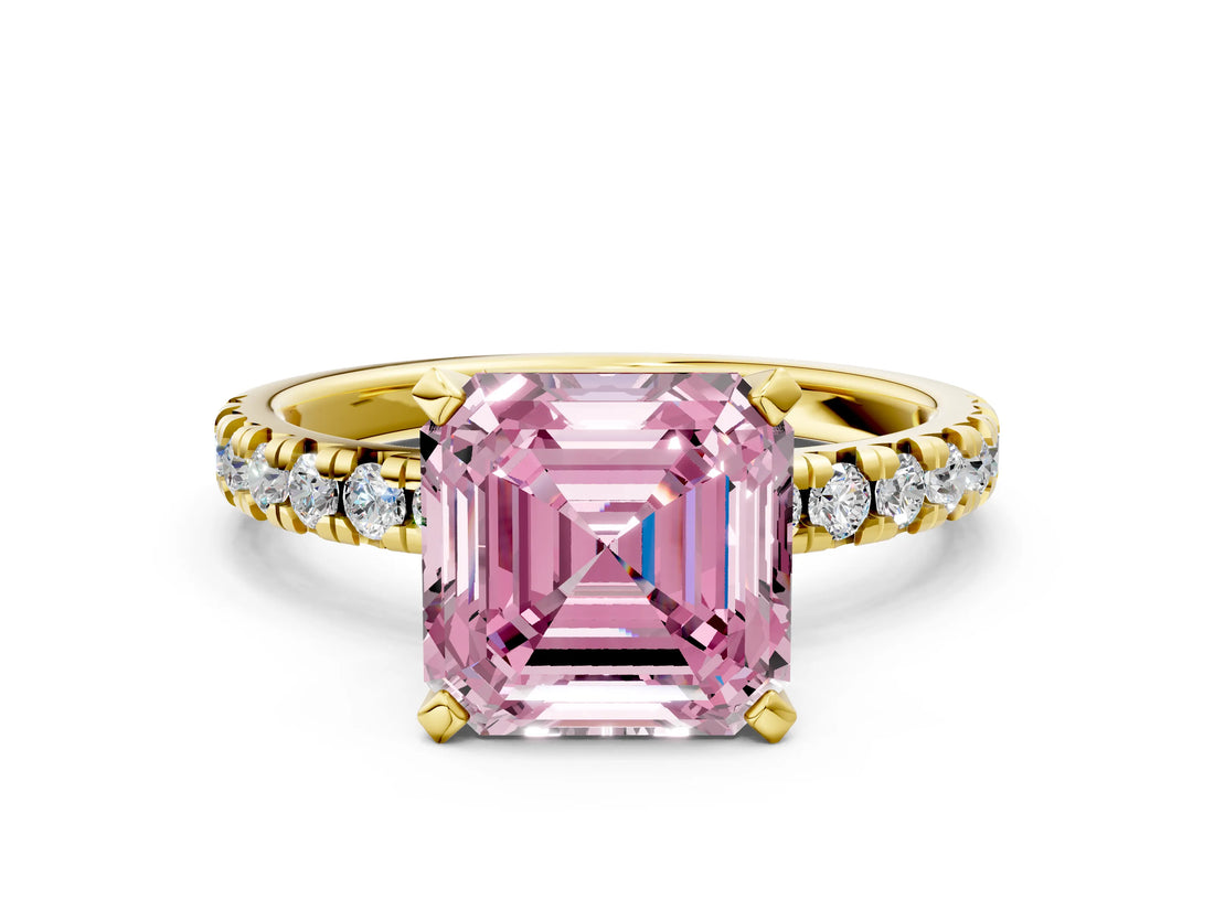 Yellow gold Fancy Pink Asscher Cut Diamond Solitaire Pavé Engagement Ring with Round Band and Prong Setting_84