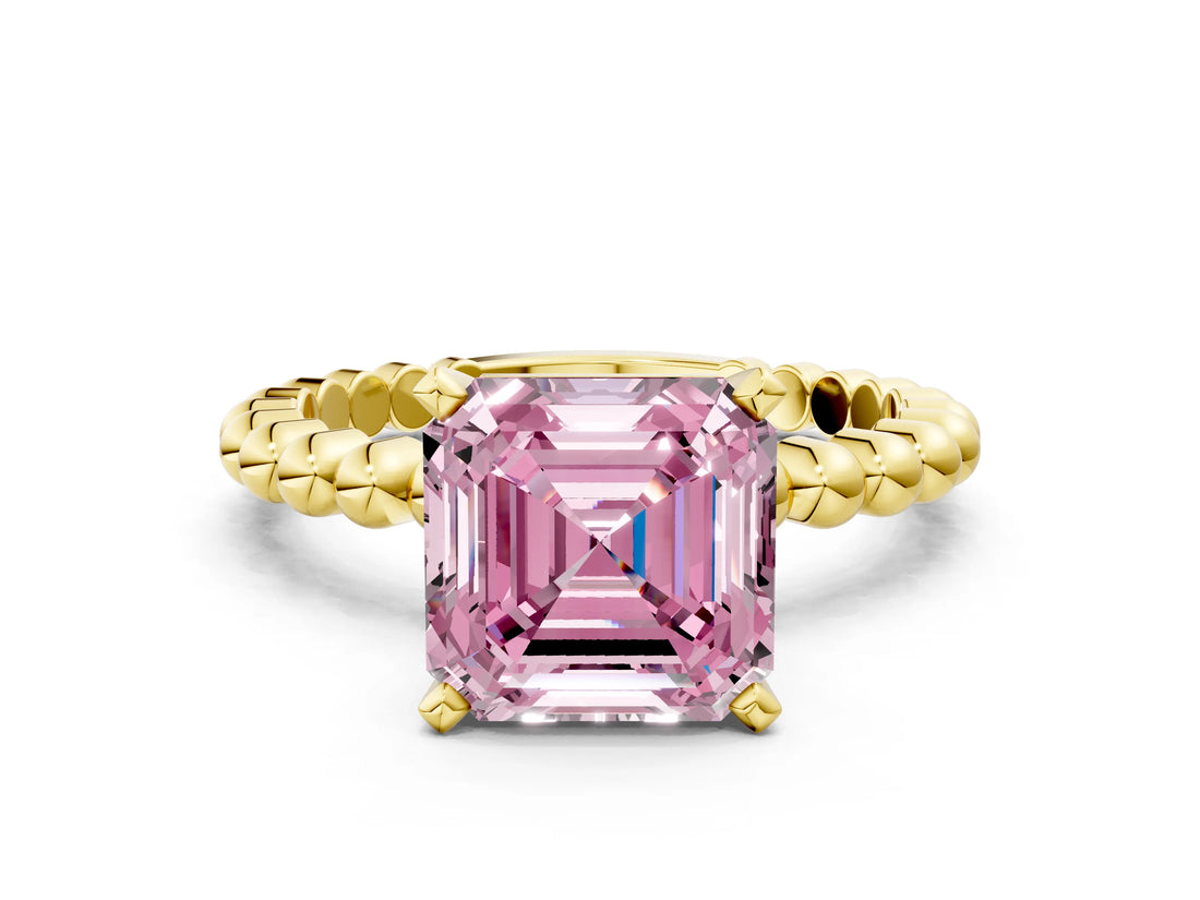 Yellow gold Fancy Pink Asscher Cut Diamond Solitaire Ring with Beaded Band and Prong Setting_40